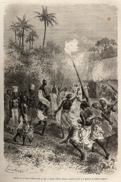 Die Ankunft der Verlobten von Hamis im Dorf Hara (Sambia), auf den Schultern eines Mannes, begleitet von einem Dutzend Anhängern, die jeweils einen kleinen Korb mit Proviant auf dem Kopf tragen, geätzt nach einer Zeichnung von Emile Bayard, zur Illustratio von Emile Antoine Bayard