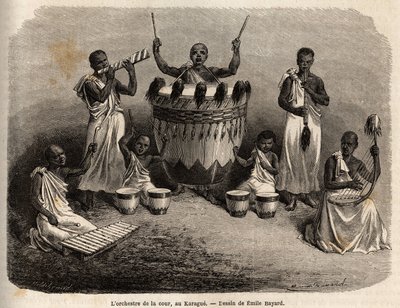 Das Hoforchester, in Karague (westlich des Viktoriasees, heutiges Simbabwe), Zeichnung von Emile Bayard (1837-1891), zur Illustration von Captain Spekes Entdeckungsreise in Afrika von 1860 bis 1863. Gravur in „Le tour du monde“, herausgegeben von Edouard C von Emile Antoine Bayard