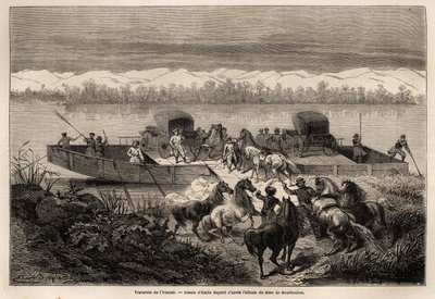 Die Überquerung des Jenissei-Flusses (Russland), Zeichnung von Emile Bayard (1837-1891) zur Illustration der Reise von Shanghai nach Moskau, von 1859 bis 1862, von M. de Bourboulon, Minister von Frankreich in China. Gravur in „Le tour du monde“, herausgege von Emile Antoine Bayard