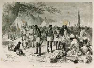 Die unverschämten Träger der Expedition an die Kette gelegt, Zeichnung von Emile Bayard, zur Illustration der Geschichte: Durch Afrika, von Sansibar (Tansania) nach Benguela (Angola), von 1872 bis 1876, von Leutnant V.H. Cameron. Gravur in Le tour du mon von Emile Antoine Bayard