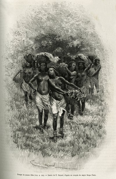 Truppe junger Mädchen, die Körbe mit Lebensmitteln für die Versorgung von S. Pinto und seinen Männern tragen. Gravur von Emile Bayard, zur Illustration der Geschichte, wie ich Afrika durchquert habe, vom Atlantischen Ozean bis zum Indischen Ozean, von Majo von Emile Antoine Bayard