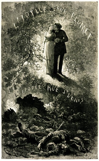 Victor Hugos Elenden: sentimentale Handlung vor einem historischen Fresko. Cosette und Marius Liebhaber (Liebe - Idylle rue Plumet) und die Barrikaden von Paris (Revolution - Epos rue St Denis (Saint-Denis)). Illustration von Emile Bayard für die Oll von Emile Antoine Bayard