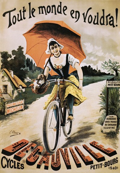 Vintage-Plakat einer Frau, die Fahrrad fährt und einen roten Regenschirm hält von Emile Clouet