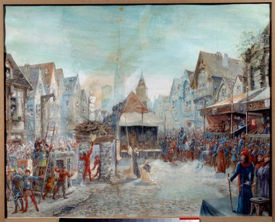 Hundertjähriger Krieg: „Johanna von Orléans (1412-1431) wird auf den Scheiterhaufen geführt“ (Place du Vieux-Marché in Rouen) von Emile Deshays