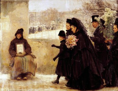 Allerheiligen. Eine trauernde Familie, die zum Friedhof geht, gibt einem alten Mann, der Almosen macht, eine Münze von Emile Friant