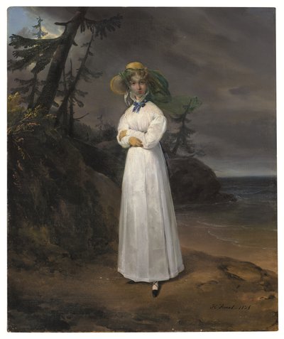 Porträt der Witwe Comtesse Jean-Henri-Louis Greffulhe in einer Landschaft von Emile Jean Horace Vernet