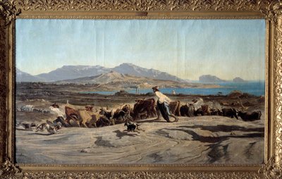 Ansicht von Marseille von den Aygalades aus, ein Tagesausflug Im Vordergrund junge Hirten mit der Herde. Gemälde von Emile Loubon (1809-1863) 1853 Marseille. Museum der Schönen Künste von Emile Loubon