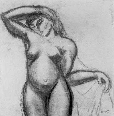 Figurenstudie. Stehende Frau en face mit einem Draperie von Emile Othon Friesz