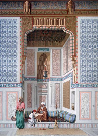 Innenansicht der Moschee von Khosne Ahmed el-Bordeyny. Chromolithographie nach Emile Prisse d