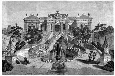Haiyan Tang Pavillon hat westliche Architektur im Ete-Palast in Peking. Gravur nach einer Zeichnung von Therond, in "Le Tour du Monde, Nouveau journal des Voyages", herausgegeben von Edouard Charton, Paris von Emile Theodore Therond