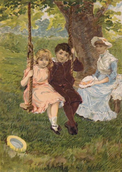 Junge und Mädchen sitzen auf einer Schaukel von Emily Jane Harding Andrews