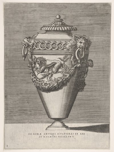 Antike Deckelurne mit einem Motiv aus Diamantringen und Löwen, aus Vasen ..., 1543 oder später von Enea Vico