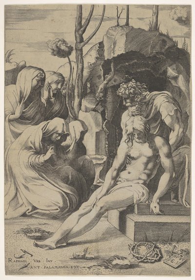 Begräbnis Christi, dessen Brust von Joseph von Arimathäa ergriffen wird, mit zwei knienden Figuren, 1543 von Enea Vico