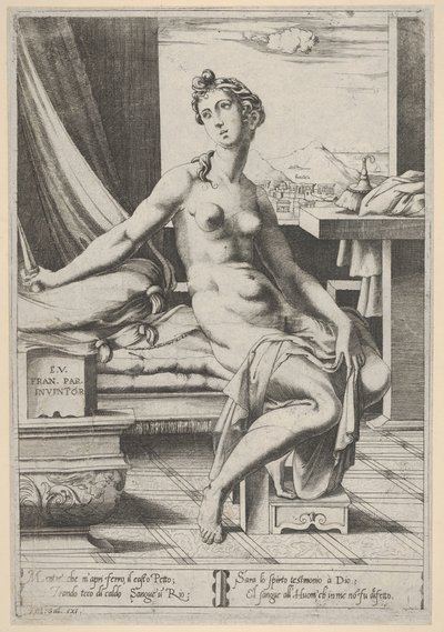 Lucretia nackt und vor einem Fenster sitzend, ein Dolch in ihrer rechten Hand von Enea Vico