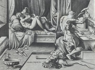 Venus und Mars umarmen sich, während Vulkan an seiner Schmiede arbeitet, 1543 von Enea Vico