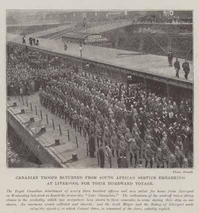 Kanadische Truppen, die vom südafrikanischen Dienst zurückgekehrt sind, gehen in Liverpool an Bord für ihre Heimreise von English Photographer