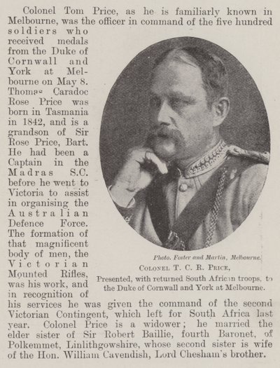 Oberst T C R Price, vorgestellt mit zurückgekehrten südafrikanischen Truppen dem Herzog von Cornwall und York in Melbourne von English Photographer