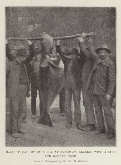 Heilbutt, gefangen von einem Jungen in Skagway, Alaska, mit einer Leine und einem Holzangelhaken von English Photographer