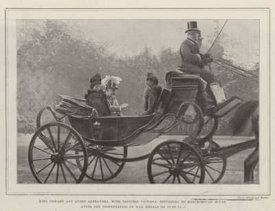 König Edward und Königin Alexandra mit Prinzessin Victoria, Rückkehr zum Marlborough House nach der Verleihung von Kriegsmedaillen am 12. Juni von English Photographer