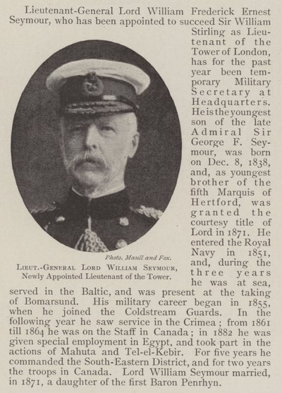 Generalleutnant Lord William Seymour, neu ernannter Leutnant des Towers von English Photographer