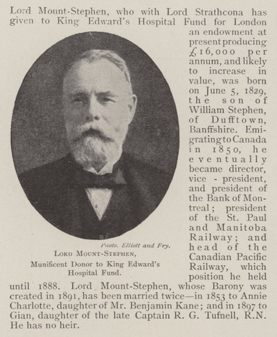 Lord Mount-Stephen, großzügiger Spender für den King Edwards Hospital Fund von English Photographer