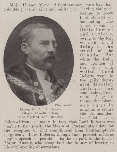 Major G A E Hussey (Bürgermeister von Southampton), der Lord Roberts empfing von English Photographer