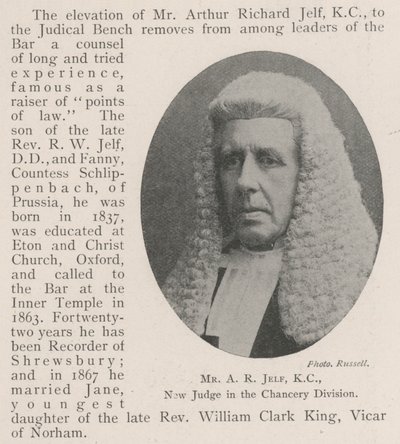 Mr. A. R. Jelf, KC, neuer Richter in der Chancery Division von English Photographer