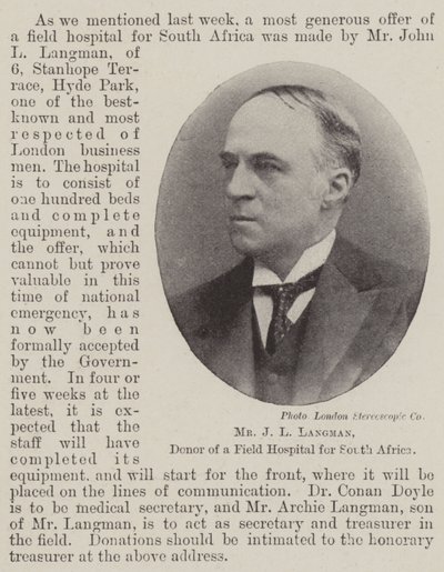 Herr J L Langman, Spender eines Feldlazaretts für Südafrika von English Photographer