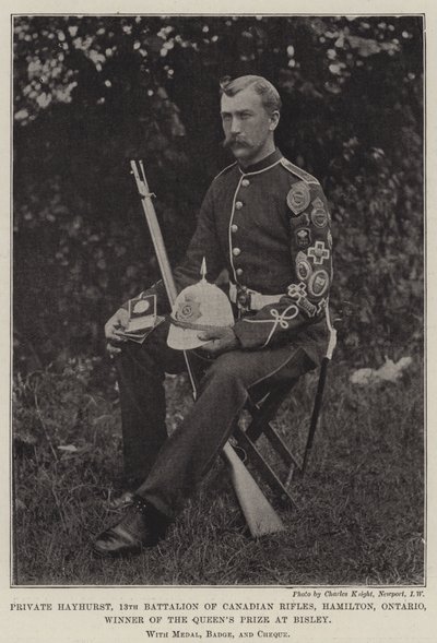 Private Hayhurst, 13. Bataillon der Canadian Rifles, Hamilton, Ontario, Gewinner des Queens Prize in Bisley, mit Medaille, Abzeichen und Scheck von English Photographer