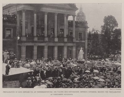 Proklamation von König Edward VII in Pietermaritzburg, Sir Walter Hely-Hutchinson, scheidender Gouverneur, liest die Proklamation im Parlamentsgebäude von English Photographer