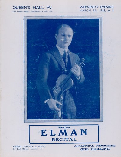 Programm für Mischa Elman Konzert, Queens Hall, am 8. März 1922 von English Photographer
