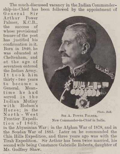 Sir A Power Palmer, neuer Oberbefehlshaber in Indien von English Photographer