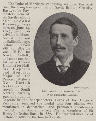 Sir Savile B. Crossley, Baronet, neuer Zahlmeister-General von English Photographer