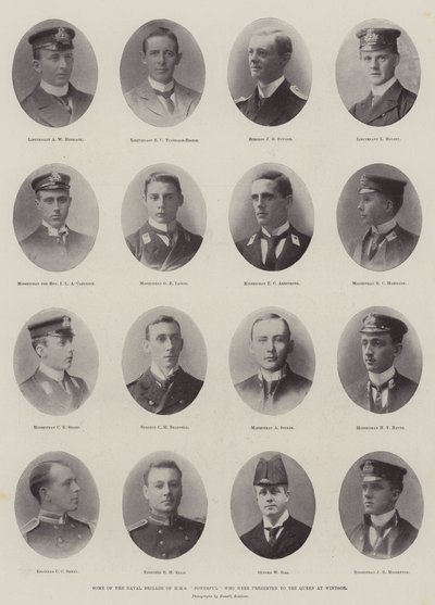 Einige Mitglieder der Marinebrigade der HMS Powerful, die der Königin in Windsor vorgestellt wurden von English Photographer