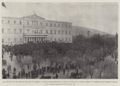 Der Anschlag auf das Leben des Königs von Griechenland, eine Volksdemonstration vor dem Königspalast in Athen zur Feier der Flucht Seiner Majestät von English Photographer