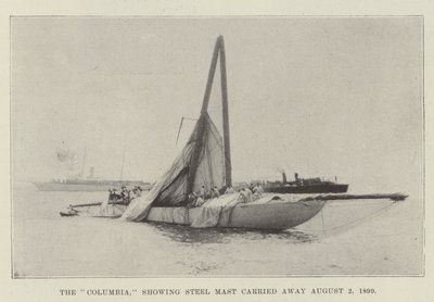 Die Columbia, zeigt den abgebrochenen Stahlmast am 2. August 1899 von English Photographer