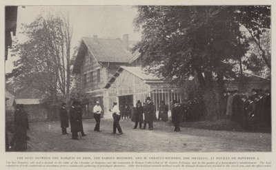 Das Duell zwischen dem Marquis de Dion, dem berühmten Motoristen, und M. Gerault-Richard, dem Sozialisten, in Neuilly am 4. November von English Photographer