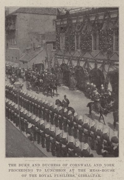 Der Herzog und die Herzogin von Cornwall und York auf dem Weg zum Mittagessen im Offiziershaus der Royal Fusiliers, Gibraltar von English Photographer