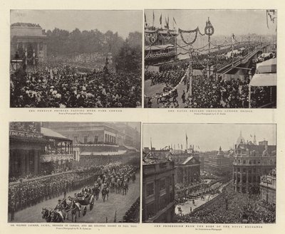 Die ausländischen Prinzen passieren Hyde Park Corner, Sir Wilfrid Laurier, GCMG, Premierminister von Kanada, und die Kolonialeskorte in Pall Mall, die Marinebrigade überquert die London Bridge, die Prozession vom Dach des von English Photographer