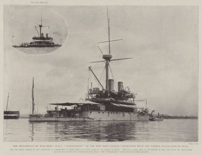 Die Unsichtbarkeit von Kriegsschiffen, HMS Devastation in der neuen grauen Farbe im Vergleich zum früheren schwarz gestrichenen Rumpf von English Photographer