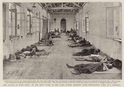 Die Pest in Hongkong, im Männerkrankenhaus der Glaswerke, Kennedy Town, vorübergehend als Krankenhaus genutzt von English Photographer