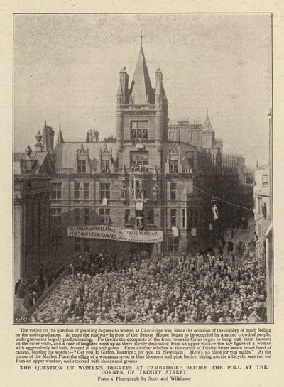 Die Frage der Frauendegrees in Cambridge, vor der Abstimmung an der Ecke der Trinity Street von English Photographer