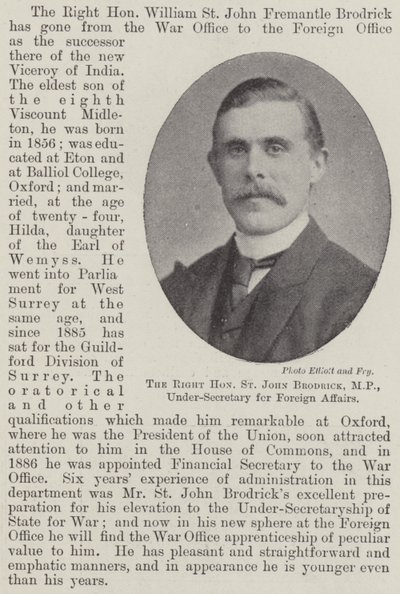 Der ehrenwerte St. John Brodrick, MP, Unterstaatssekretär für auswärtige Angelegenheiten von English Photographer