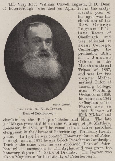 Der verstorbene Dr. W C Ingram, Dekan von Peterborough von English Photographer