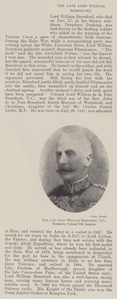 Der verstorbene Lord William Beresford, VC, ehemals Oberst der 9. Lancers von English Photographer
