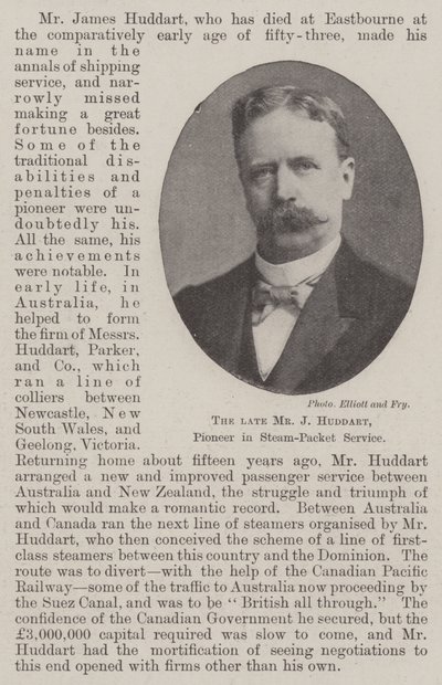 Der verstorbene Mr J Huddart, Pionier im Dampfschiffdienst von English Photographer