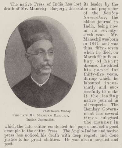 Der verstorbene Herr Maneckji Barjorji, indischer Journalist von English Photographer