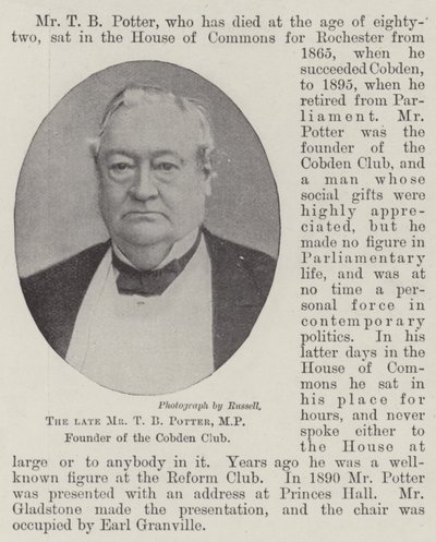 Der verstorbene Mr. T. B. Potter, MP, Gründer des Cobden Clubs von English Photographer