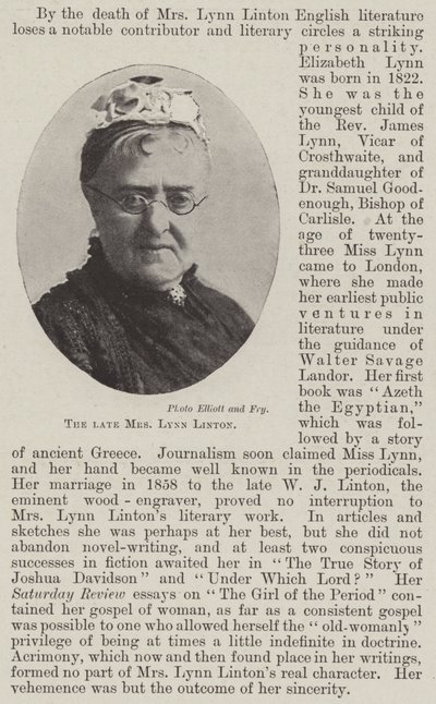 Die verstorbene Mrs. Lynn Linton von English Photographer