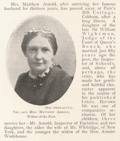 Die verstorbene Mrs. Matthew Arnold, Witwe des Dichters von English Photographer